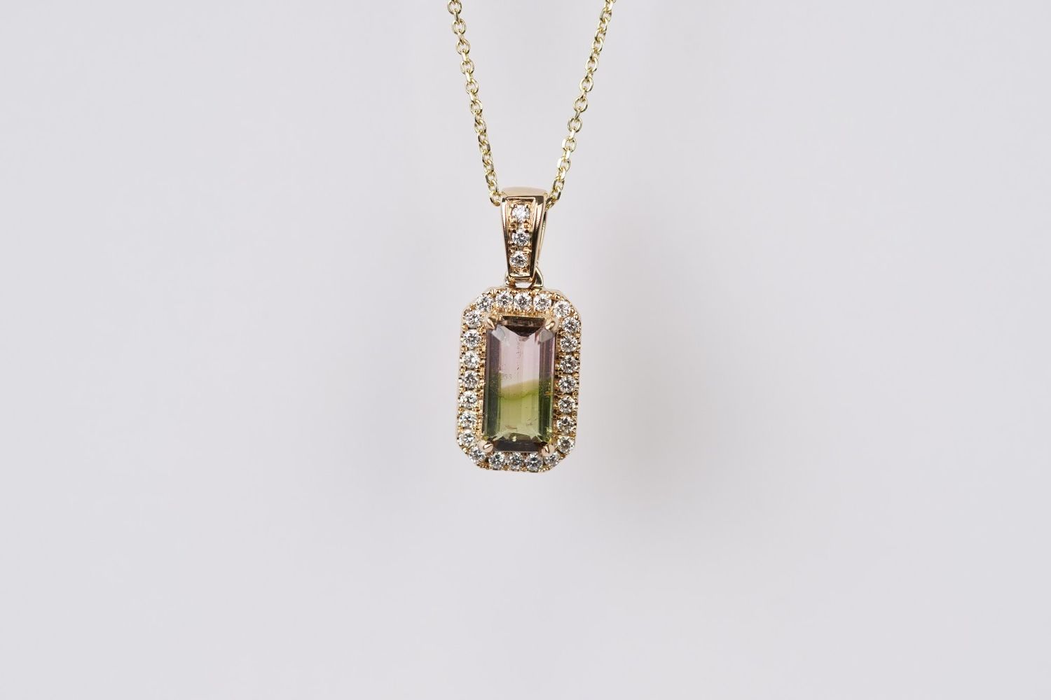 BTEX- 14KY 4.19g 2.01ctw (1.74ctr) Watermelon Tourmaline &amp; Diamond Halo Pendant 16-18&quot;