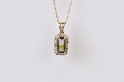 BTEX- 14KY 4.19g 2.01ctw (1.74ctr) Watermelon Tourmaline &amp; Diamond Halo Pendant 16-18&quot;