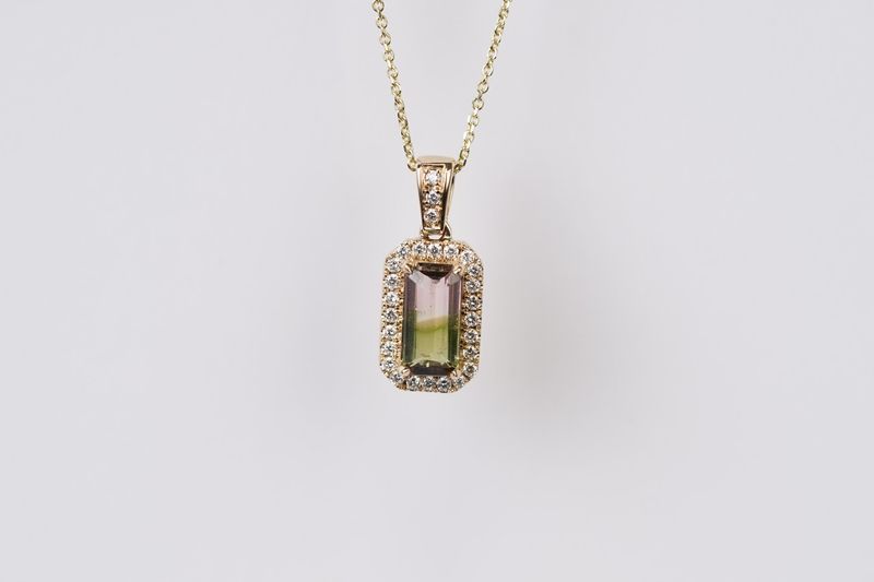 BTEX- 14KY 4.19g 2.01ctw (1.74ctr) Watermelon Tourmaline &amp; Diamond Halo Pendant 16-18"