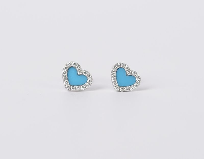 ARN- 14KW 1.30g .25ctw Turquoise &amp; Diamond Heart Stud Earrings
