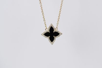 DTTX- 14KY 3.37g 1.38ctw Black Onyx &amp; Diamond Halo Fashion Pendant 16-18&quot;