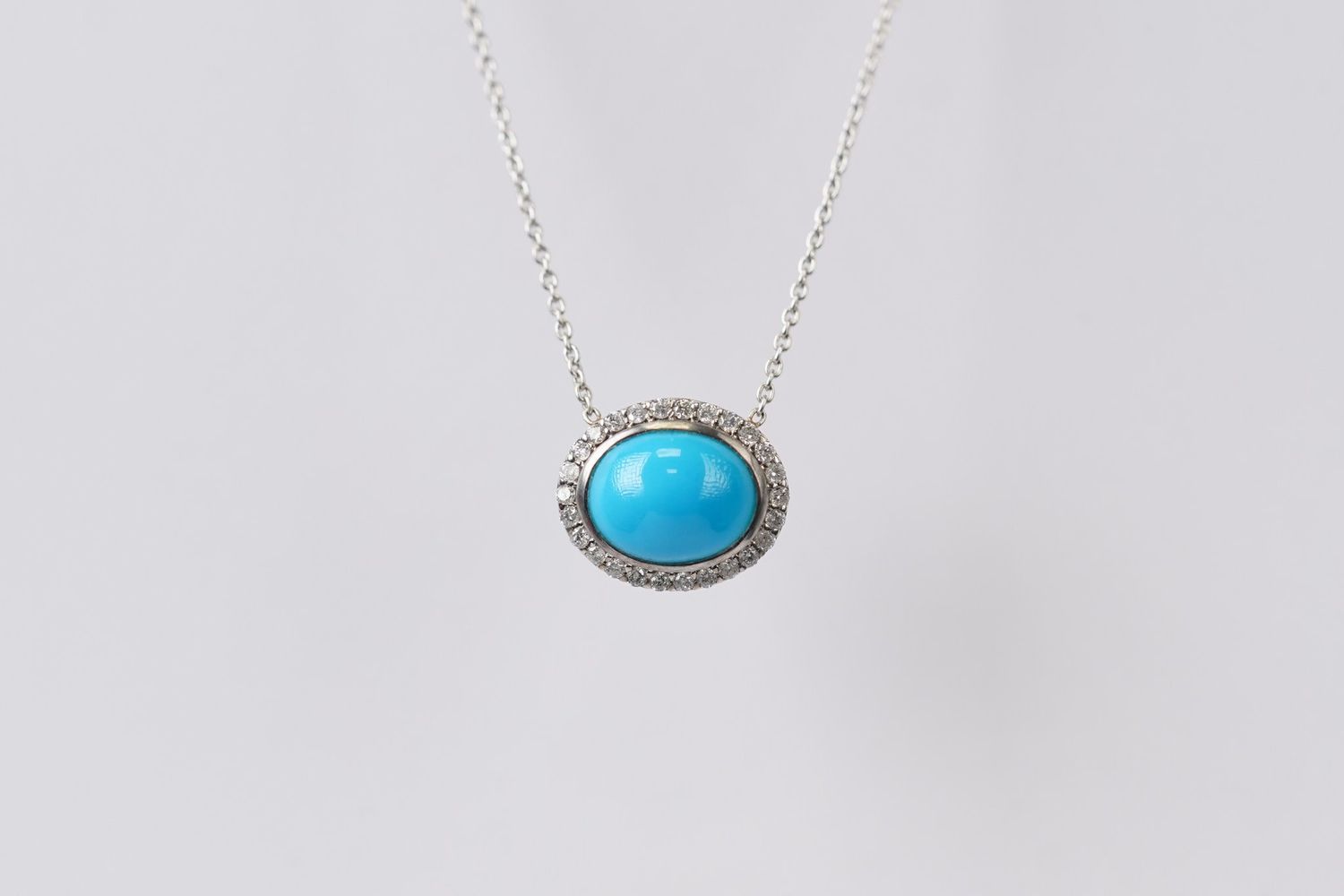 NBT- 14KW 2.32g 1.65ctw (1.50ctr) Turquoise &amp; Diamond Halo Pendant 16-18&quot;