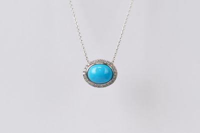 NBT- 14KW 2.32g 1.65ctw (1.50ctr) Turquoise &amp; Diamond Halo Pendant 16-18&quot;