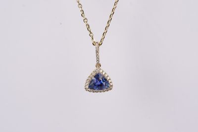 BDDX- 14KY 3.93g 1.71ctw (1.54ctr) Sapphire &amp; Diamond Halo Pendant 16-18&quot;