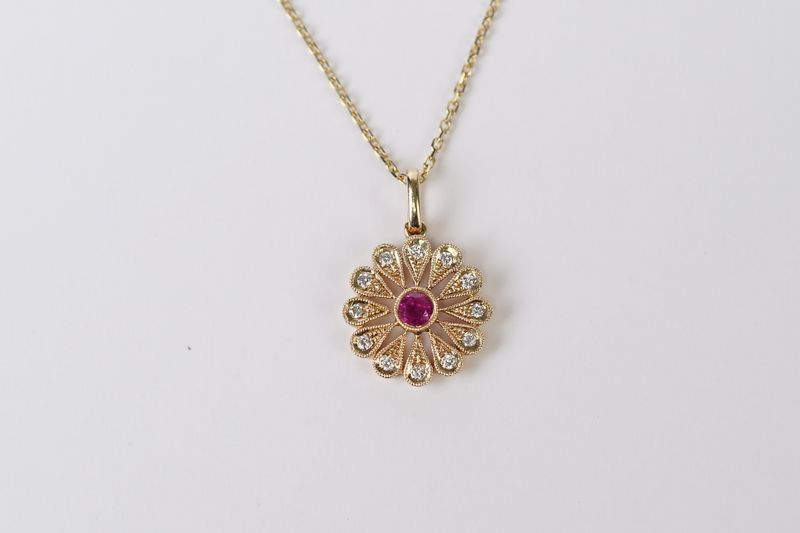 NAT- 14KY 3.54g .33ctw Ruby &amp; Diamond Halo Fashion Pendant 18-20"