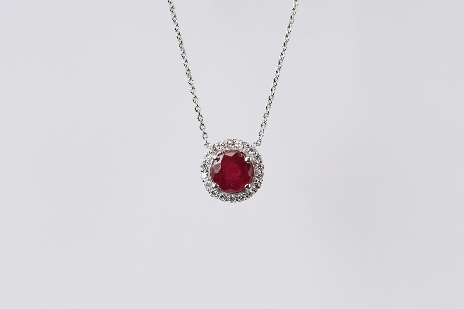 NDT- 14KW 2.77g 1.38ctw (1.20ctr) Ruby &amp; Diamond Halo Pendant 16-18&quot;