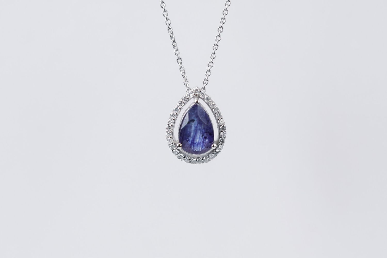 NBT- 14KW 2.46g 1.60ctw (1.45ctr) Sapphire &amp; Diamond Halo Pendant 16-17-18&quot;