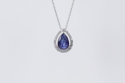 NBT- 14KW 2.46g 1.60ctw (1.45ctr) Sapphire &amp; Diamond Halo Pendant 16-17-18&quot;