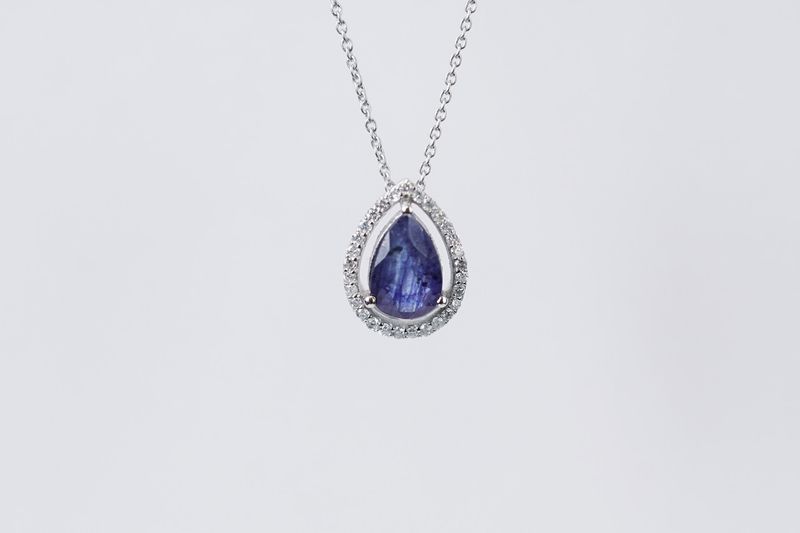 NBT- 14KW 2.46g 1.60ctw (1.45ctr) Sapphire &amp; Diamond Halo Pendant 16-17-18&quot;