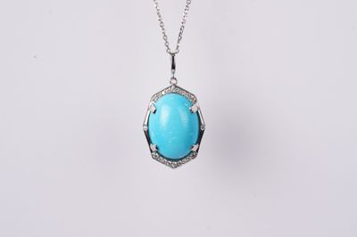 ETTX- 14KW 5.21g .12ctw Diamond &amp; Turquoise Fashion Pendant 16-18&quot;