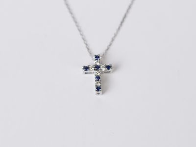 AVL- 14KW 1.8g .18ctw Sapphire &amp; Diamond Cross Necklace 16-18&quot;