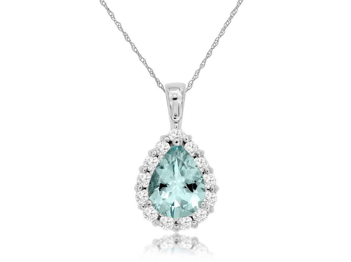 DIEX- 14KW 1.83g 1.25ctw (.95ctr) Aquamarine &amp; Diamond Halo Pendant 18&quot;