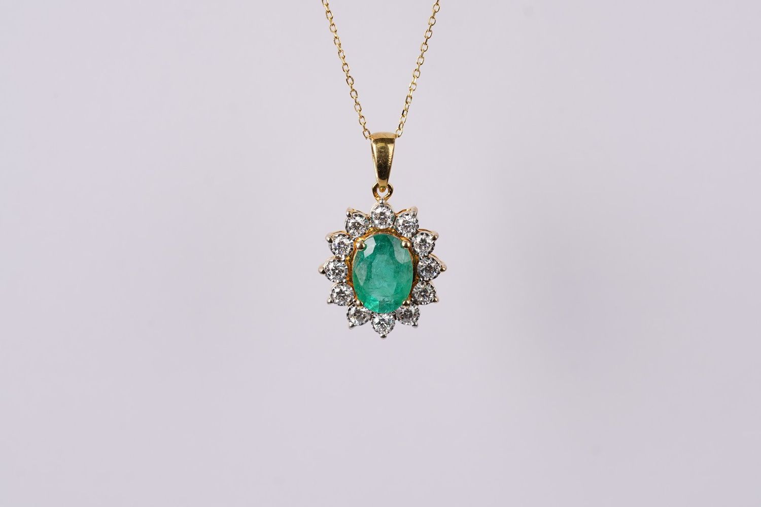 ELIX- 14KY 2.80g 1.51ctw (1.39ctr) Emerald &amp; Diamond Halo Pendant 16-18&quot;