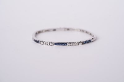 BTTX- 18KW 12.70g 1.00ctw Sapphire &amp; Diamond Antique Bracelet 7&quot;