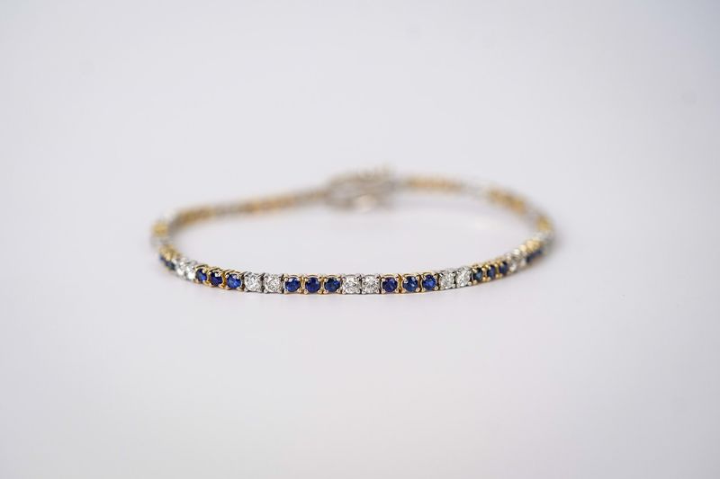 VETT- 14KWY 8.04g 3.38ctw Sapphire &amp; Diamond Tennis Bracelet 7&quot;