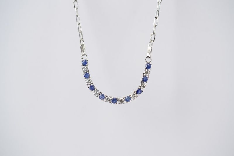 BLTX- 14KW 4.19g 1.80tw Sapphire &amp; Diamond Paperclip Necklace 17"