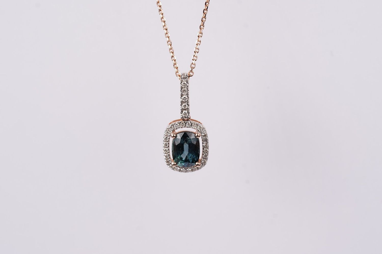 BNEX- 14KR 3.50g 1.79ctw (1.62ctr) Sapphire &amp; Diamond Halo Pendant 18&quot;