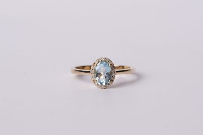 ANIX- 14KY 2.30g .82ctw (.70ctr) Aquamarine &amp; Diamond Halo Fashion Ring (size 7 )