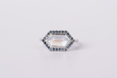 DITX- 14KW 4.2g 2.49ctw (2.16ctr) Moonstone &amp; Sapphire Halo Fashion Ring (size 6.75)