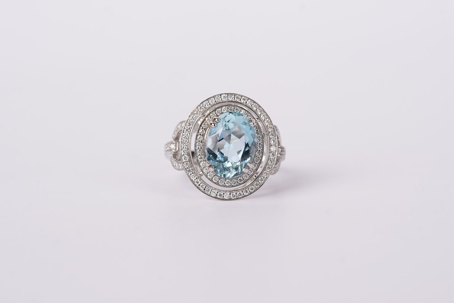 VVAT- 18KW 7.61g 4.06ctw (3.56ctr) Aquamarine &amp; Diamond Halo Fashion Ring (size 7)