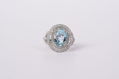VVAT- 18KW 7.61g 4.06ctw (3.56ctr) Aquamarine &amp; Diamond Halo Fashion Ring (size 7)