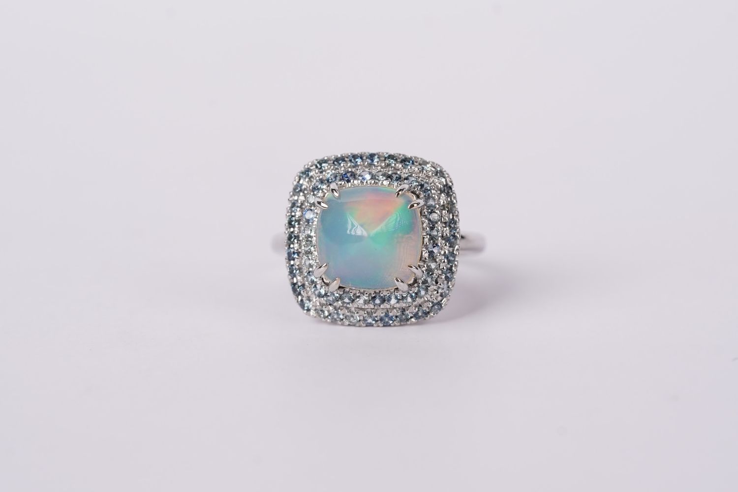RVEX- 14KW 6.84g .60ctw Sapphire 2.05ct Opal Fashion Double Halo Ring (size 7)