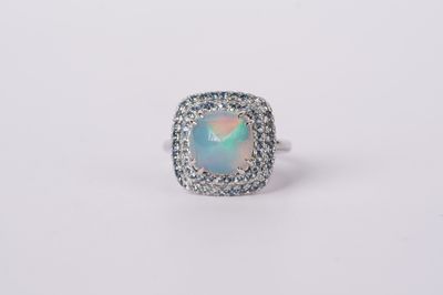 RVEX- 14KW 6.84g .60ctw Sapphire 2.05ct Opal Fashion Double Halo Ring (size 7)