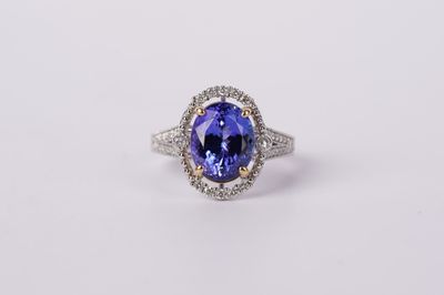 VRTT- Platinum 8.70g 5.17ctw (4.68ctr) Tanzanite &amp; Diamond Fashion Halo Ring (size 7)