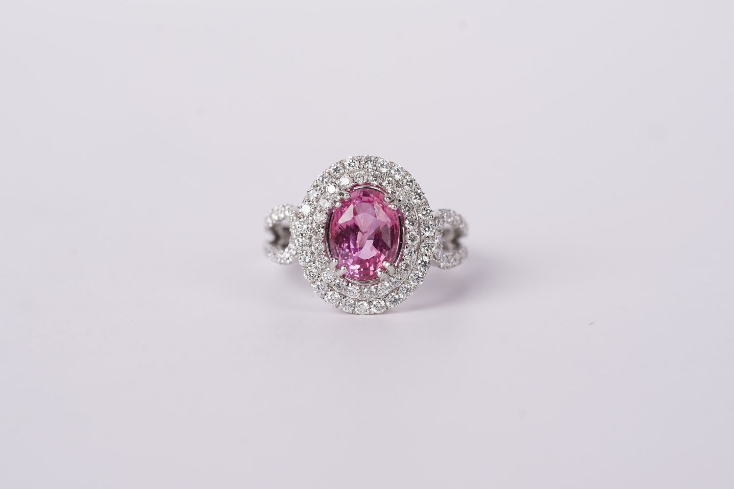 VNRI- 18KW 3.56ctw (2.66ctr) Oval Pink Sapphire Double Halo Ring (size 7)