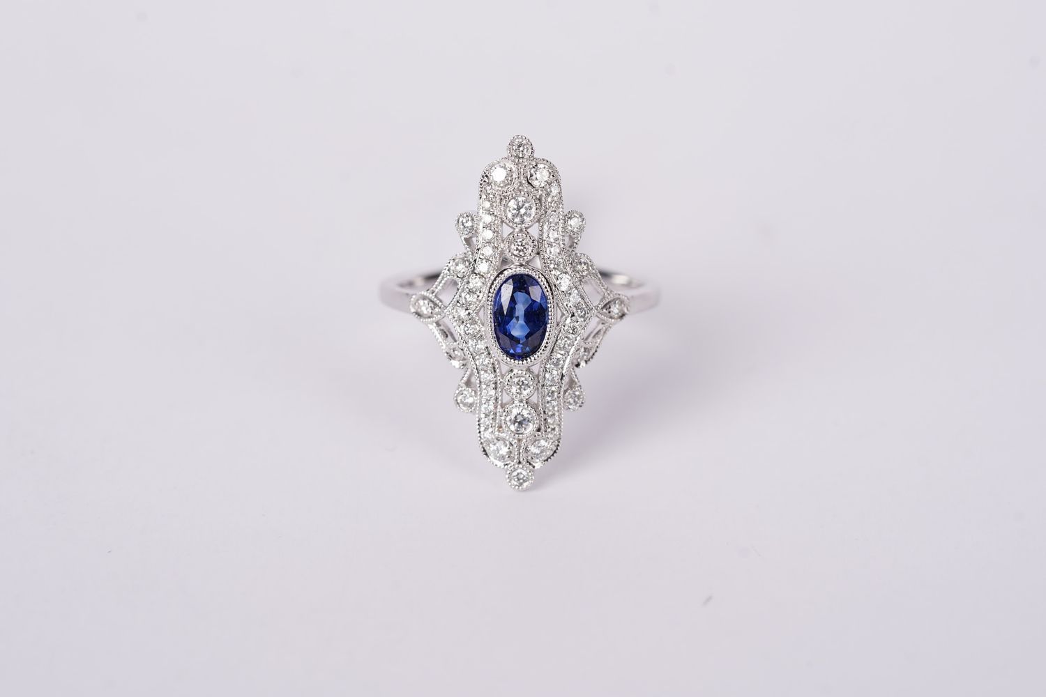 VTDR- 14KW 3.33g 1.00ctw (.64ctr) Sapphire &amp; Diamond Vintage Inspired Ring (size 6.5)
