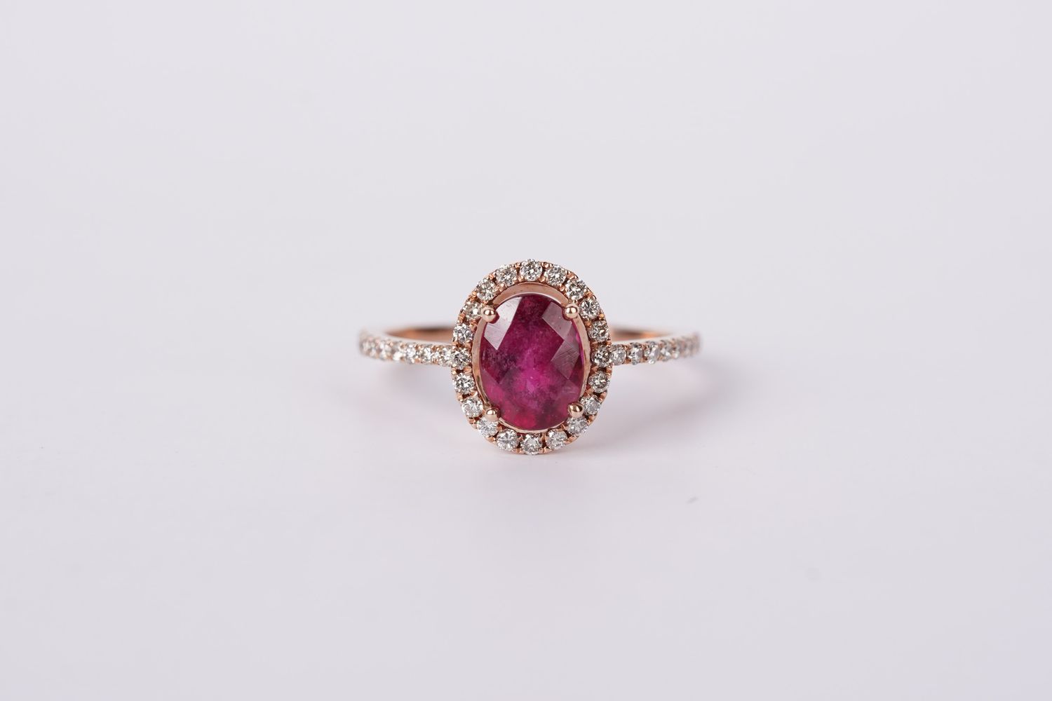 14KR 2.4g 1.62ctw (1.20ctr) Rubelite &amp; Diamond Halo Fashion Ring (size 7)