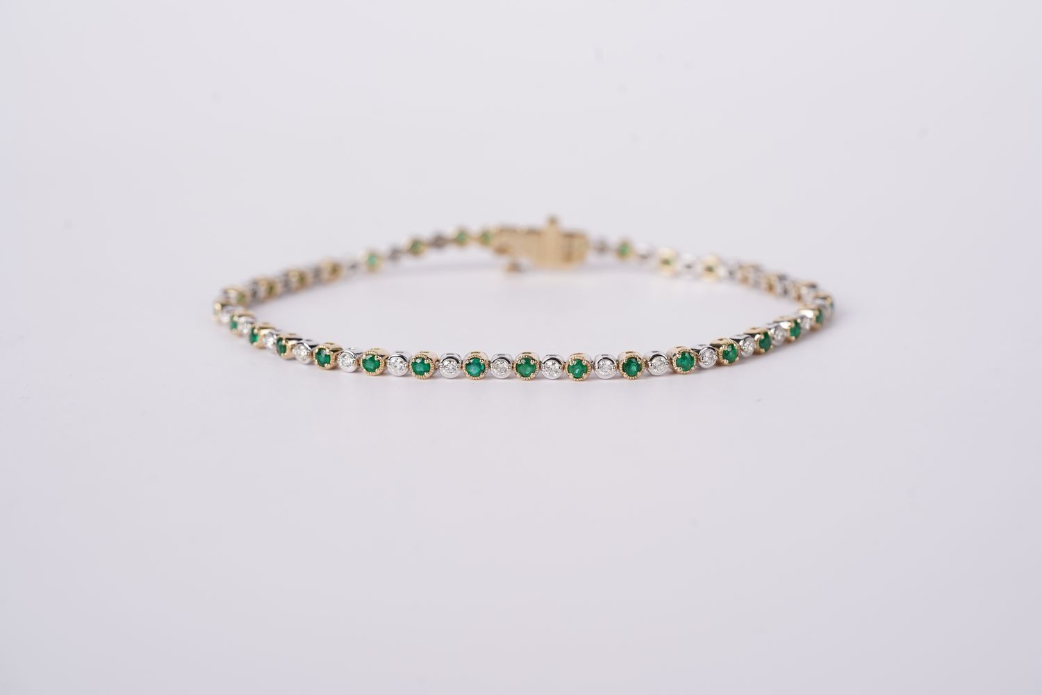 VTPT- 14KWY 7.49g 1.55ctw Emerald &amp; Diamond Tennis Bracelet 7&quot;