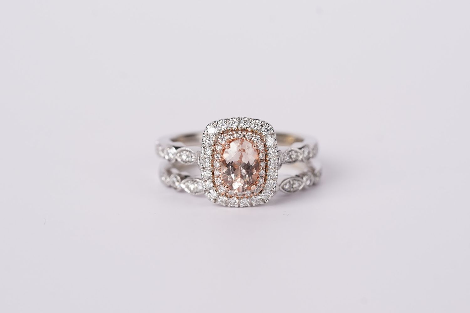 LTTX-14KW 8.0g 1.38ctw (.75ctr) Morganite &amp; Diamond Halo Neil Lane Set (size 8)