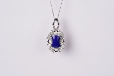 ADI- 14KW 2.90g 1.26ctw (.90ctr) Blue Lapis &amp; Diamond Halo Necklace 18&quot;