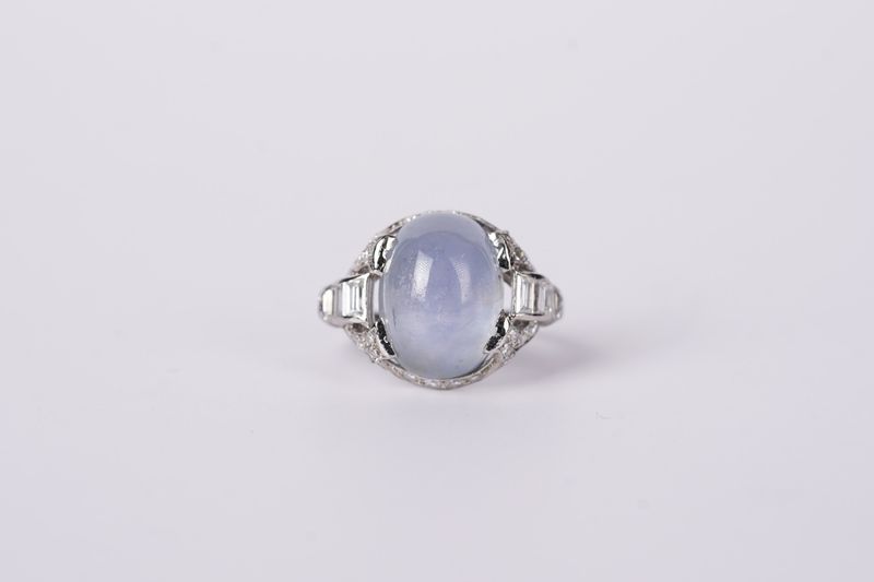 Platinum 6.36g 12.10ctw (11.50ctr) Star Sapphire &amp; Diamond Art Deco Ring (size 5.25)