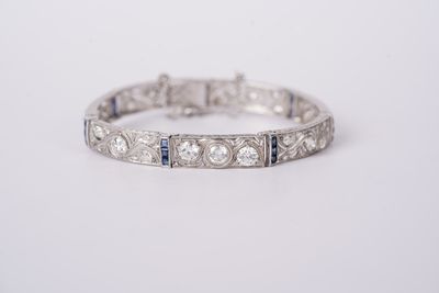 DETP-Platinum 19.75g 5.40ctw Sapphire &amp; Diamond Art Deco Bracelet 7&quot;