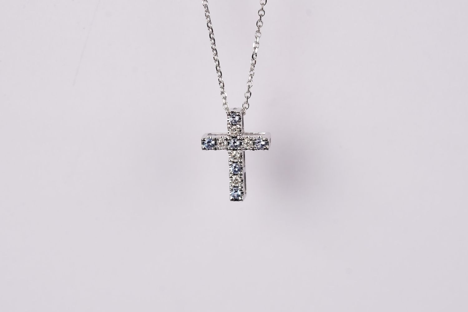 14KW 2.00g .23ctw Montana Sapphire &amp; Diamond Cross Necklace 18&quot;