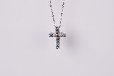 14KW 2.00g .23ctw Montana Sapphire &amp; Diamond Cross Necklace 18&quot;