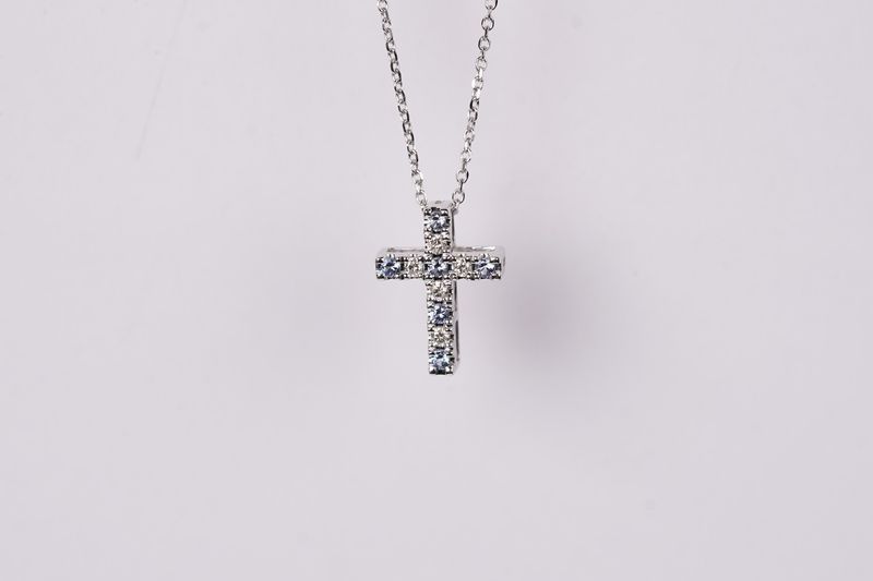 14KW 2.00g .23ctw Montana Sapphire &amp; Diamond Cross Necklace 18&quot;