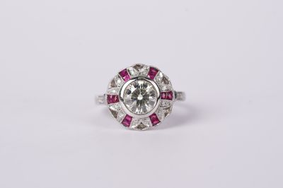 NDTT- 18KW 5g 2.20ctw (1.32ctr) L/VS2 Transitional Cut Diamond &amp; Ruby Halo Vintage Ring (size 7)