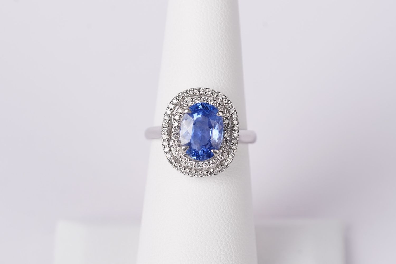 DITT- Platinum 7.62g 4.07ctw (3.37ctr) Sapphire &amp; Diamond Double Halo Ring (size 6.5)