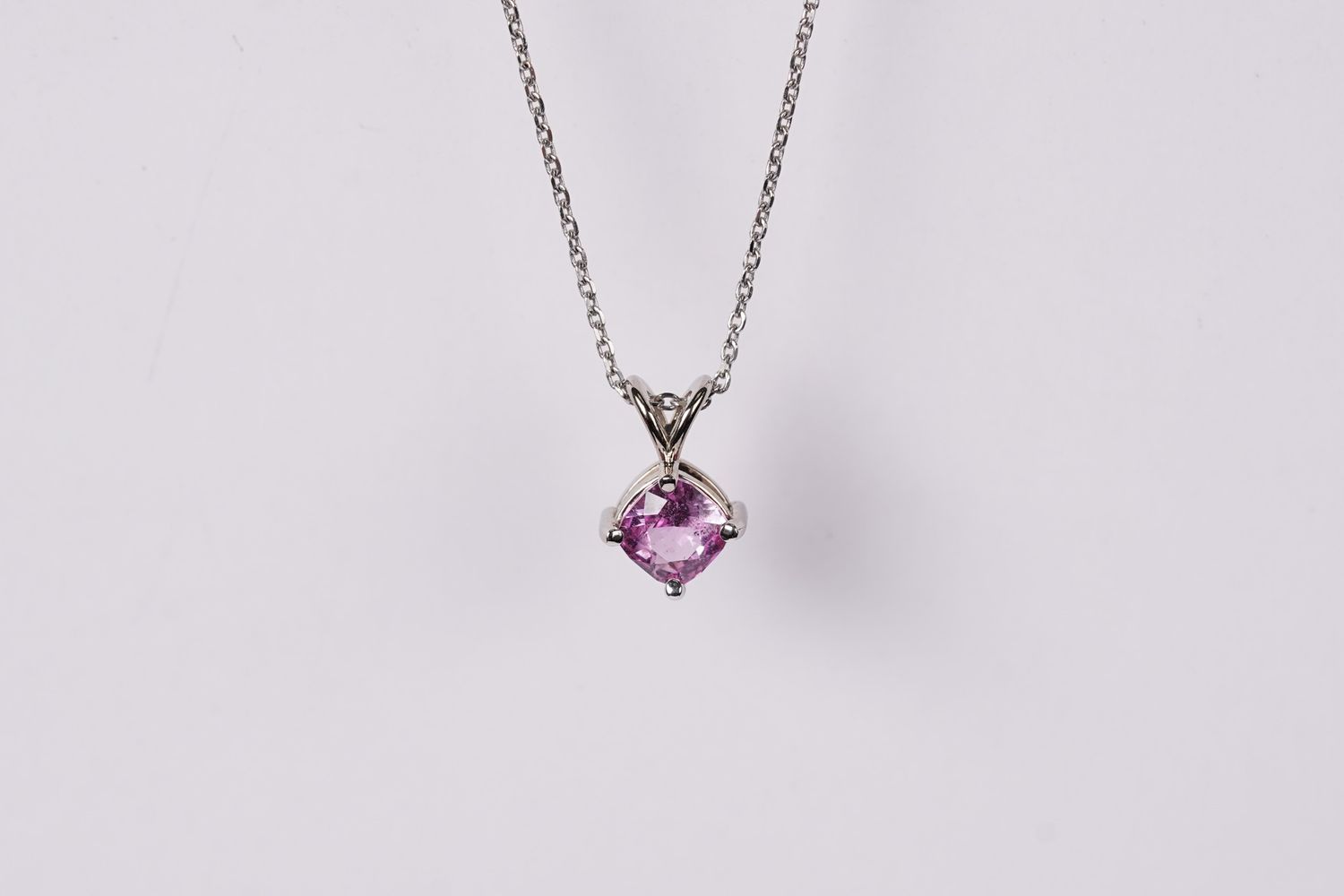 14KW 2.55g .93ct Pink Sapphire No Heat Solitaire Pendant 18&quot;