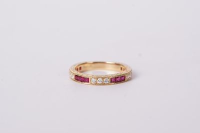 IDTX- 18KY 3.62g .88ctw Ruby &amp; Diamond Vintage Inspired Ring (size 6.75)