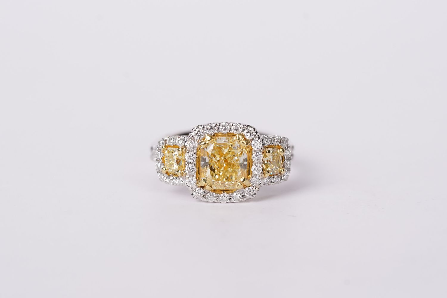 BITT- 18KWY 6.67g 3.23ctw (2.03ctr) FLY/SI2 Cushion Diamond Three Stone Halo Engagement Ring (size 7.25)