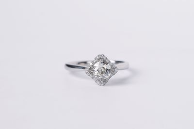 VATT- 18KW 3.3g .84ctw (.64ctr) J/VS2 Old European Cut Diamond Halo Engagement Ring (size 6.75)