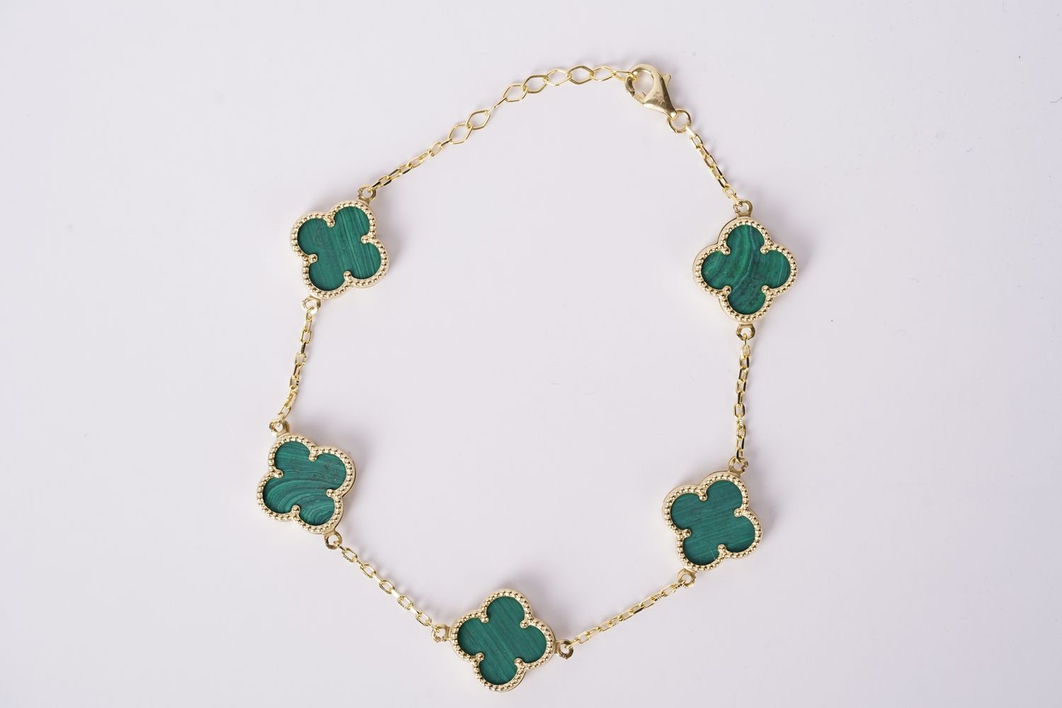 ABI- 14KY 4.62g Malachite Alhambra Station Bracelet 8&quot;