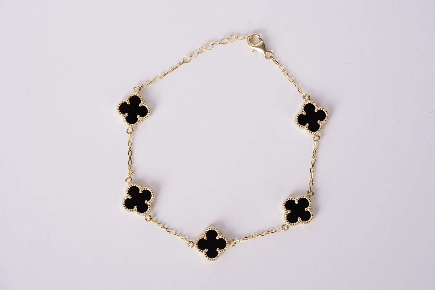 ANI- 14KY 3.96g Black Onyx Alhambra Station Bracelet 8&quot;