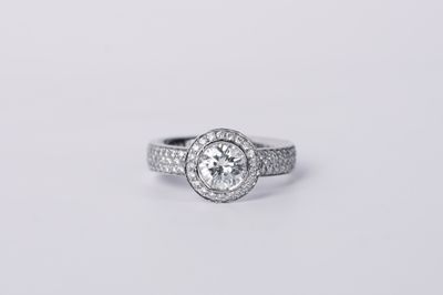 ALTP-Platinum 6.72g 1.55TW (1.05ctr) J/SI1 Ritani Round Diamond Halo Engagement Ring (size 5.75)