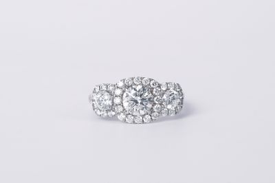 DVTT-18KW 5.03g 2.24ctw (1.08ctr) I/SI1 Three Stone Halo Engagement Ring (size 7)
