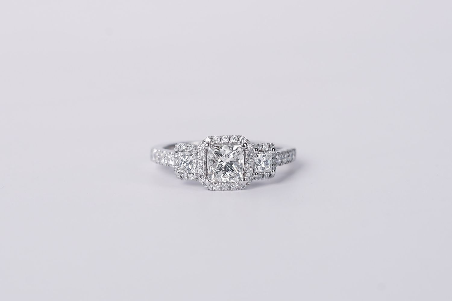 VNTT- 14KW 1.42ctw (.70ct) I/VS2 Princess Cut Diamond Three Stone Halo Engagement Ring (size 5.25)